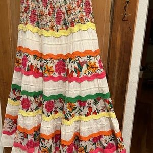 Farm Rio Tiered maxi skirt. Rick rack details. Elastic waist.  Size Medium